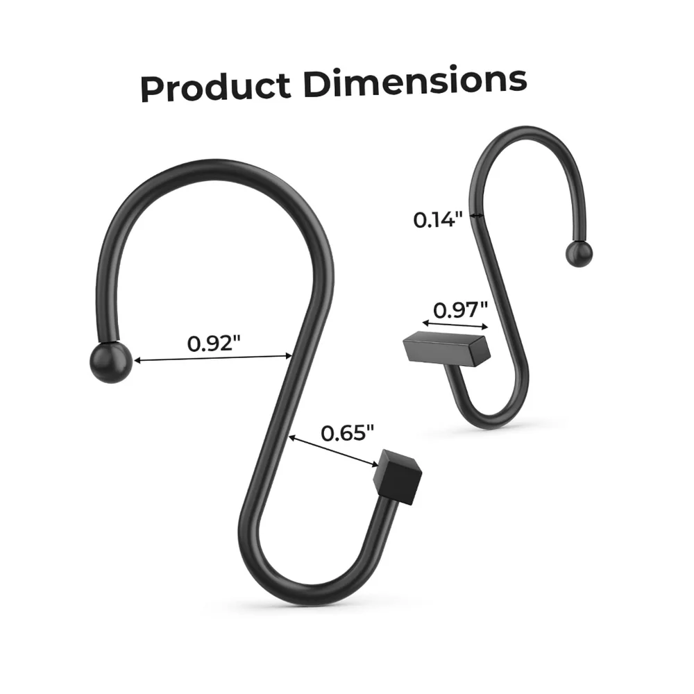 👣 4/$20. T-Bar Design Black Shower Curtain Rings, 12PCS